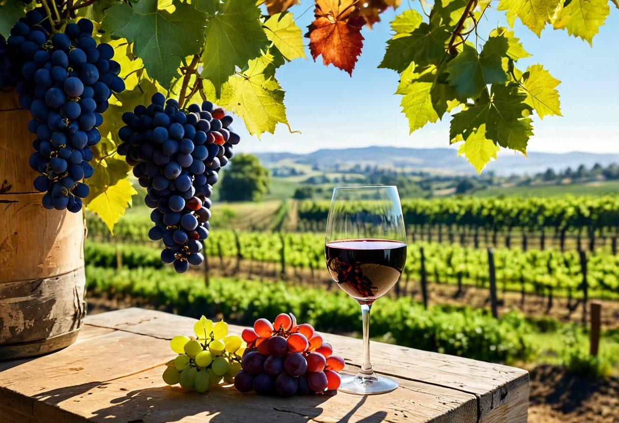 A stunning vineyard landscape under a clear blue sky, showcasing lush grape vines laden with ripe grapes. In the foreground, a glass of wine filled with rich red liquid, surrounded by mathematical symbols and scientific equipment like beakers and pipettes. Soft sunlight casts a golden hue on the scene, highlighting the beauty of the process from grapes to wine. super-realistic. vibrant colors. white background.