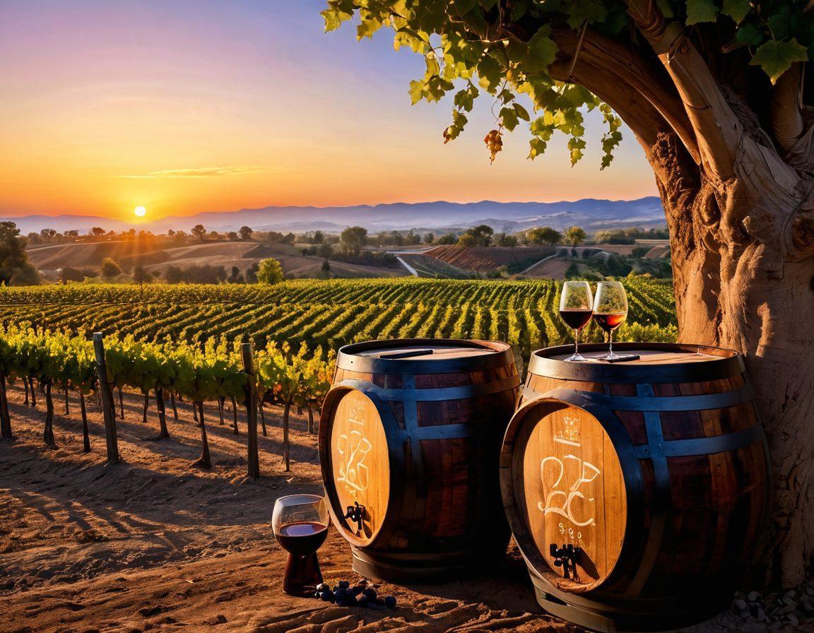A whimsical vineyard landscape where a mathematician is contemplating equations written on wine barrels, while a glass of red wine reflects colorful mathematical symbols. In the background, grapevines twist and turn in intricate patterns, symbolizing the connection between science and nature. The scene is bathed in warm, golden sunset light, creating a serene yet intellectual atmosphere. super-realistic. vibrant colors. 3D.