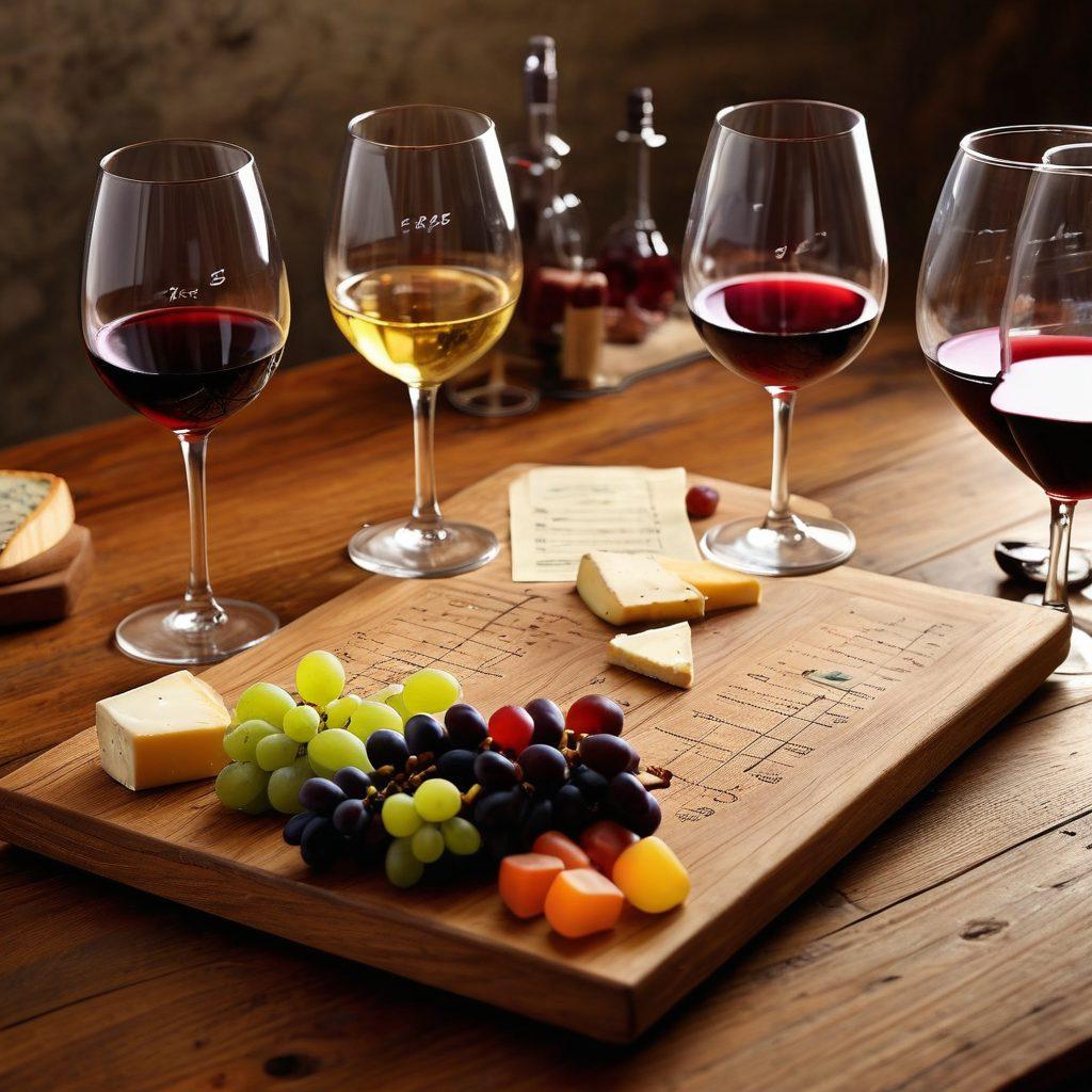 A sophisticated wine tasting scene featuring various wine glasses filled with colorful wines, arranged on a wooden table with mathematical equations and flavor notes written in chalk around them. A soft, ambient light creates a warm atmosphere, enhancing the rich textures of the wine and the elegant tableware. Include fresh pairings like cheese and grapes. super-realistic. vibrant colors. warm lighting.